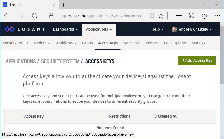 Screenshot showing the Add Access Key button screen