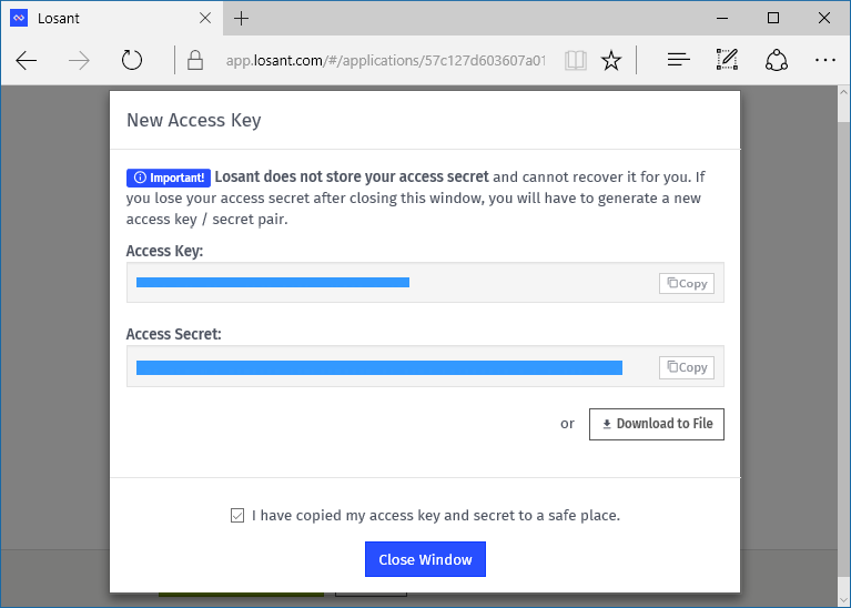 Screenshot showing the access key and secret obscured by blue bars